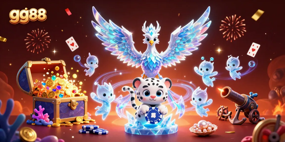 Experience the excitement of gg88 with a neon-lit ice phoenix and poker chip in a vibrant casino scene.