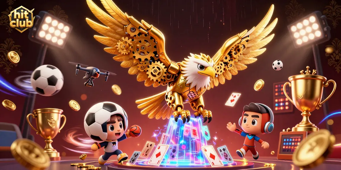 Experience thrilling gameplay at hit club with a dynamic scene featuring a cybernetic eagle amidst flying sports elements.