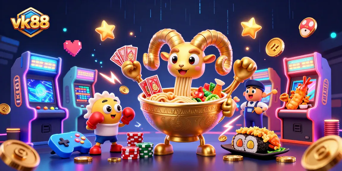 Engage with vk88 through vibrant casino-themed illustration featuring a golden ramen bowl and playful characters.