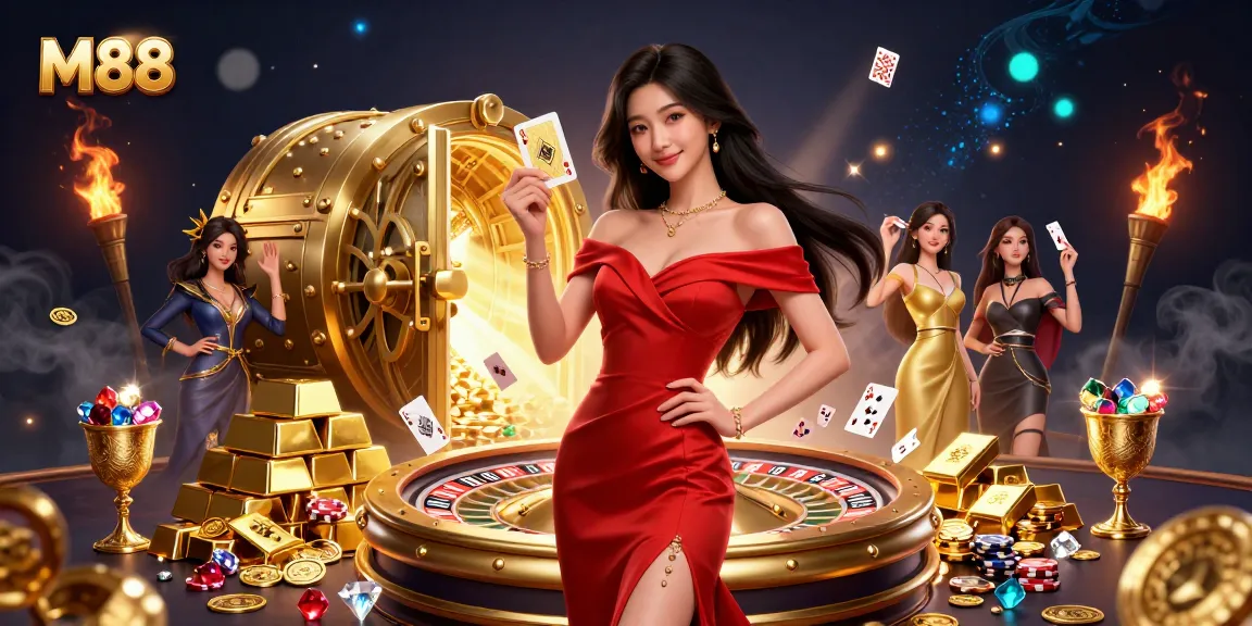 M88 casino illustration featuring a confident woman beside a roulette wheel amidst sparkling treasures.