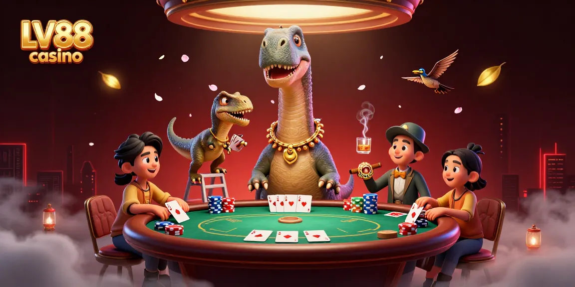 Engaging scene at LV88 casino with a dinosaur dealer and dynamic poker elements.
