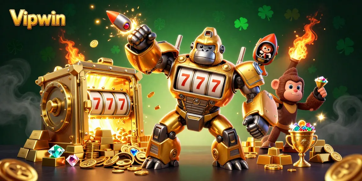 Experience thrilling gameplay at Vipwin with a golden gorilla mech championing bright jackpots and coins!