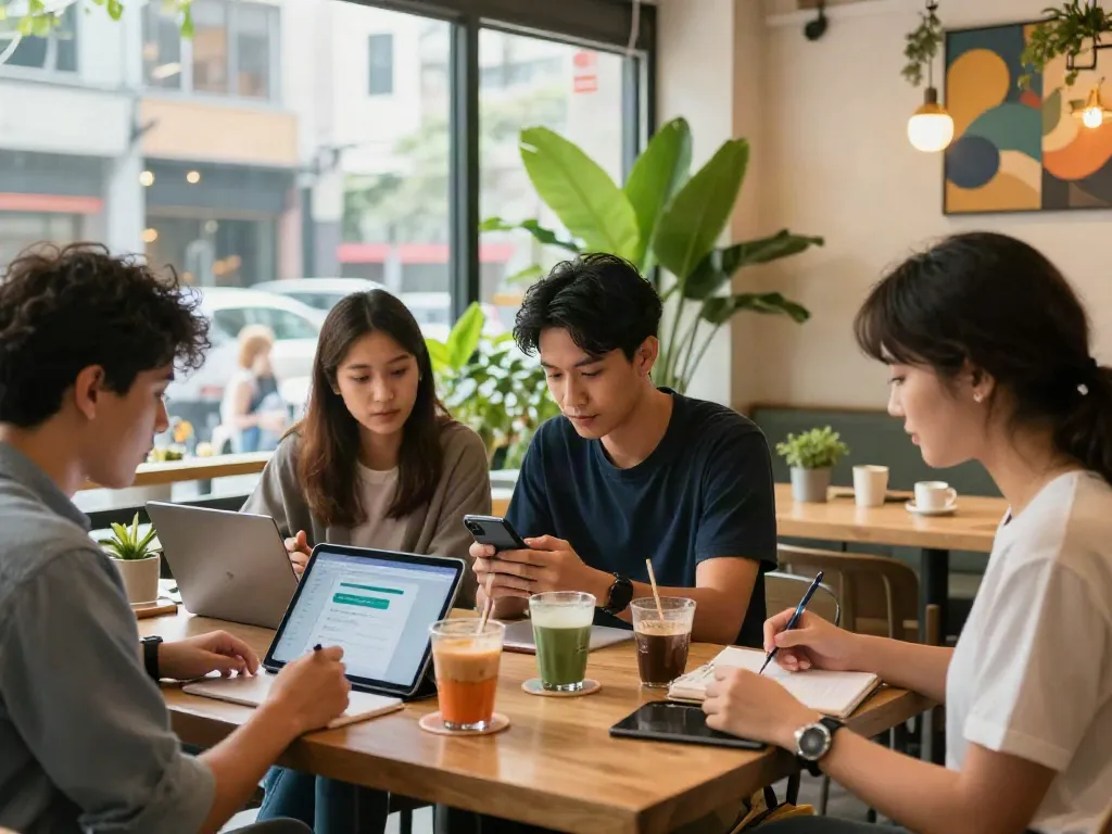 Young professionals at a café checking rokok88 login on their phones with coffee and tech around.