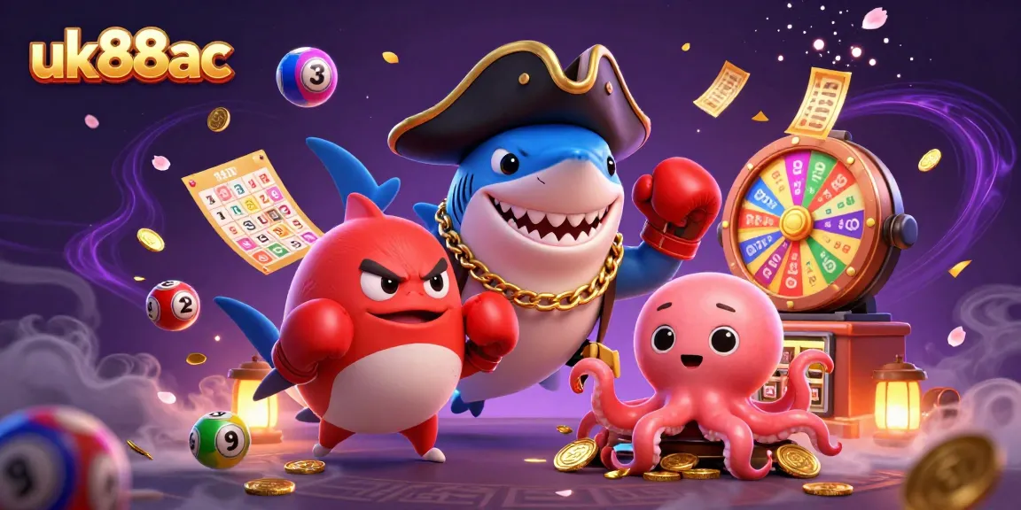 uk88ac showcases a lively 3D cartoon scene with a shark captain, pufferfish, and octopus amidst lottery excitement