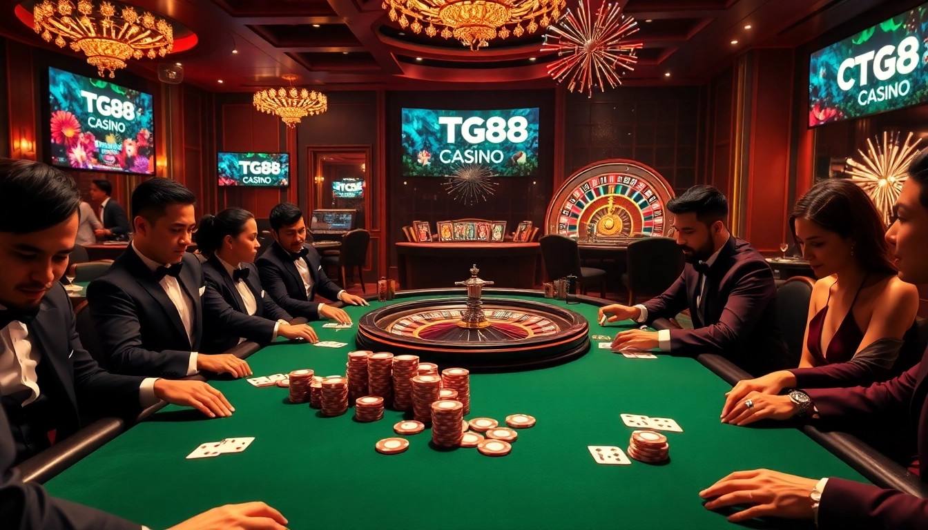 Exciting casino gameplay with players at TG88 online casino enjoying poker and roulette.