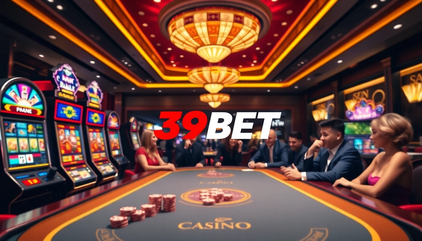 Players enjoying a vibrant casino experience at 39BET, featuring colorful slot machines and poker tables.