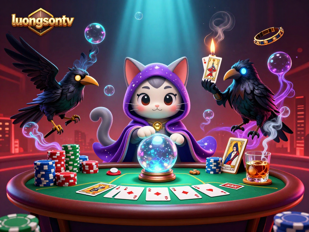 Experience thrilling moments with luongsontv as a mystic cat and tarot raven engage in a captivating casino scene.