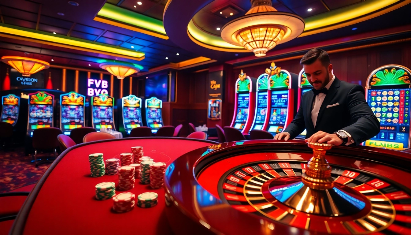 Engaging scene of players enjoying five88 com at a gleaming casino table, illustrating excitement in gambling.