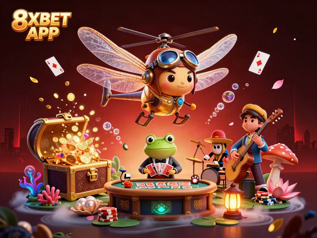 Play and win with 8XBET APP at a vibrant lily pad casino featuring a lively frog croupier.