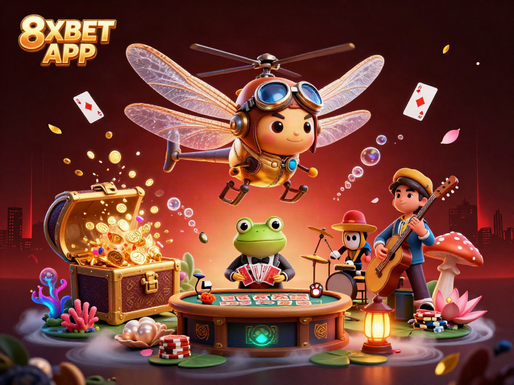 Play and win with 8XBET APP at a vibrant lily pad casino featuring a lively frog croupier.