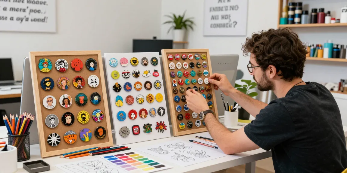 Custom pins on display with designs being arranged by a creative professional in an inspiring studio.