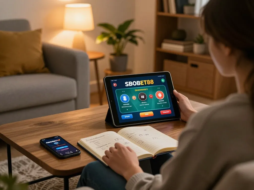 SBOBET88 skena permainan online menunjukkan seseorang di tablet dengan opsi taruhan dan catatan strategis