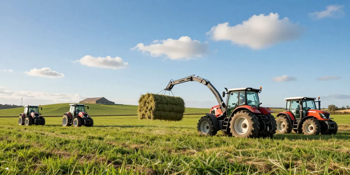 Electric farm loader transporting hay bales in a vibrant field, showcasing modern agriculture practices.