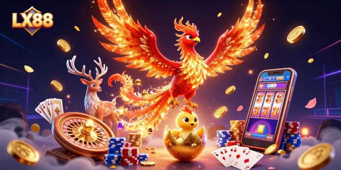 Experience thrilling moments at LX88 with a fiery phoenix surrounded by casino elements.