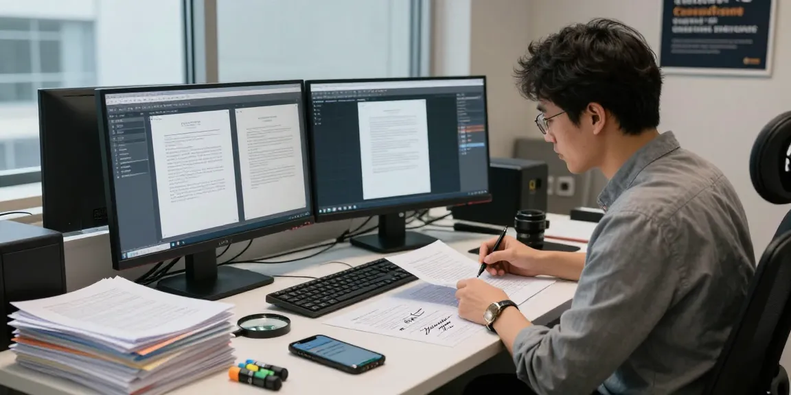 Document fraud detection workspace with analyst reviewing fraudulent documents and software analysis tools.