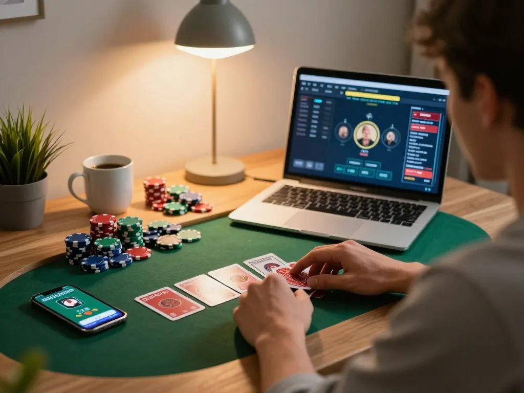 Player using bsport laptop for online poker game in cozy home setting