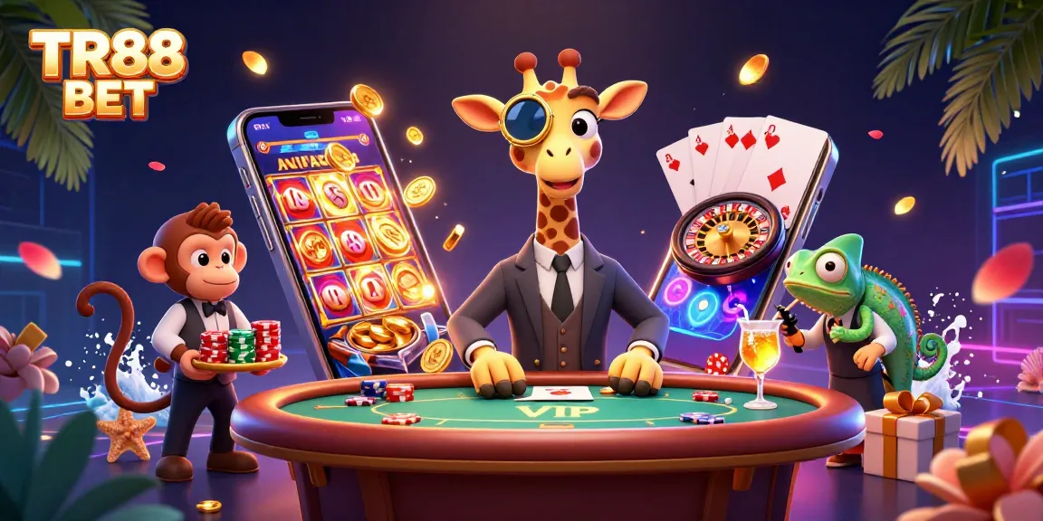 Experience gaming excitement with TR88 BET in a lavish casino scene featuring animated characters and vibrant games.