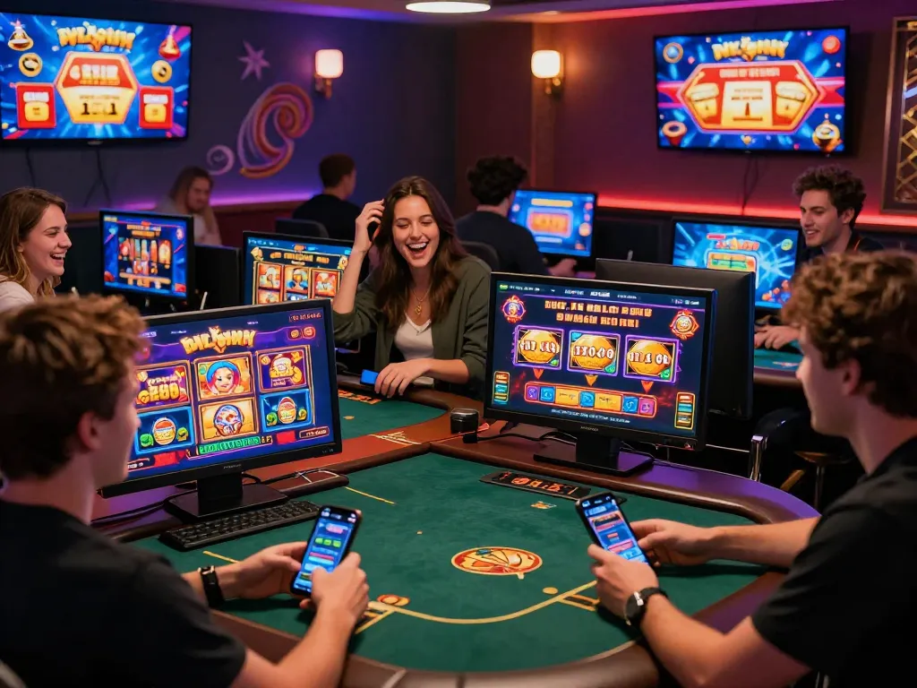 Players enjoying engaging online games on various devices at a vibrant gaming setup, featuring sunwin20.