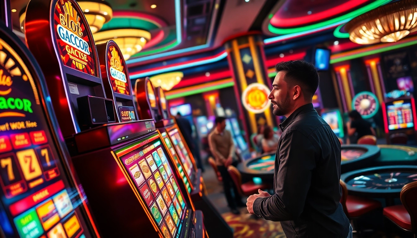 A player enjoying a win on a slot gacor machine in a luxurious casino environment filled with excitement.