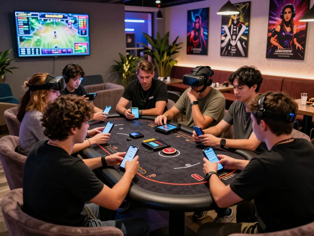Exciting gaming community gathered in a modern lounge to discuss strategies for sunwin20 games.