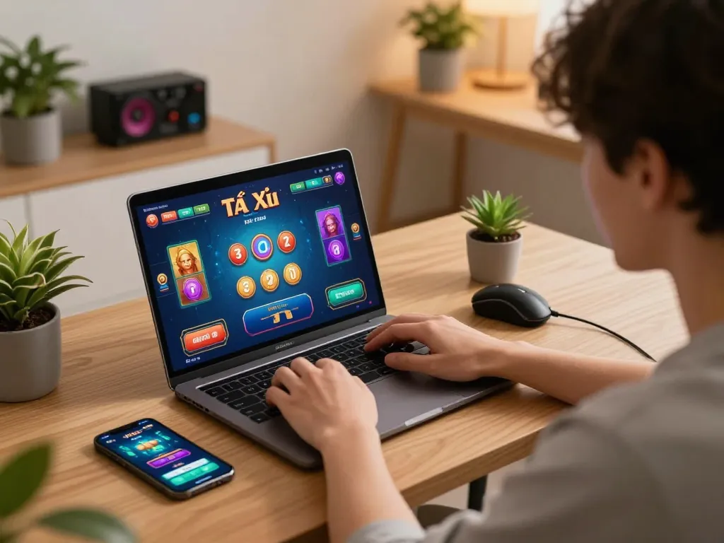 Tài xỉu online uy tín being played on a laptop in a stylish home setup, showcasing immersive gaming action.