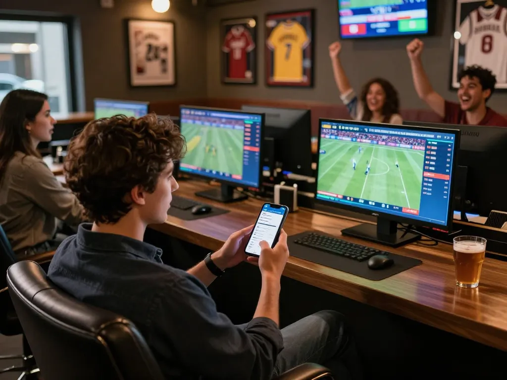 Engaging sports betting atmosphere at DA88 with enthusiastic friends enjoying live games and strategic betting