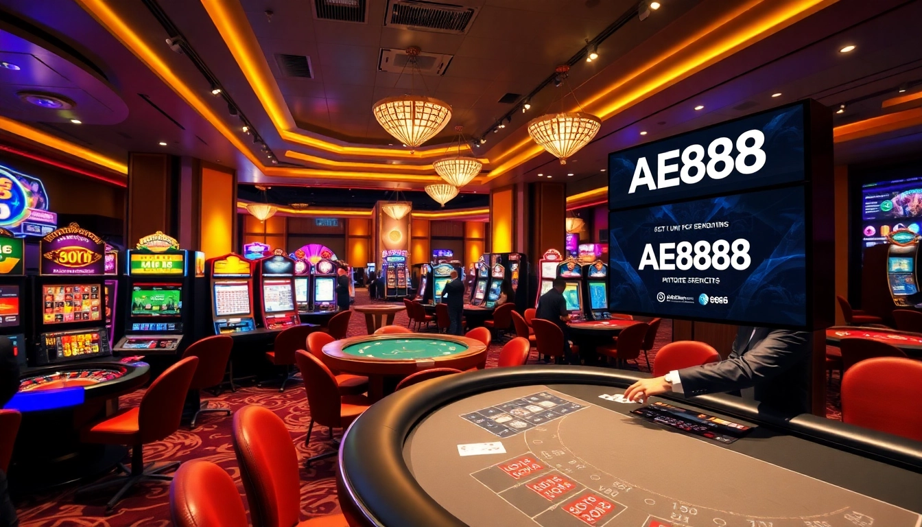 A thrilling casino atmosphere showcasing AE888 with players at varied gaming tables and vibrant slot machines.