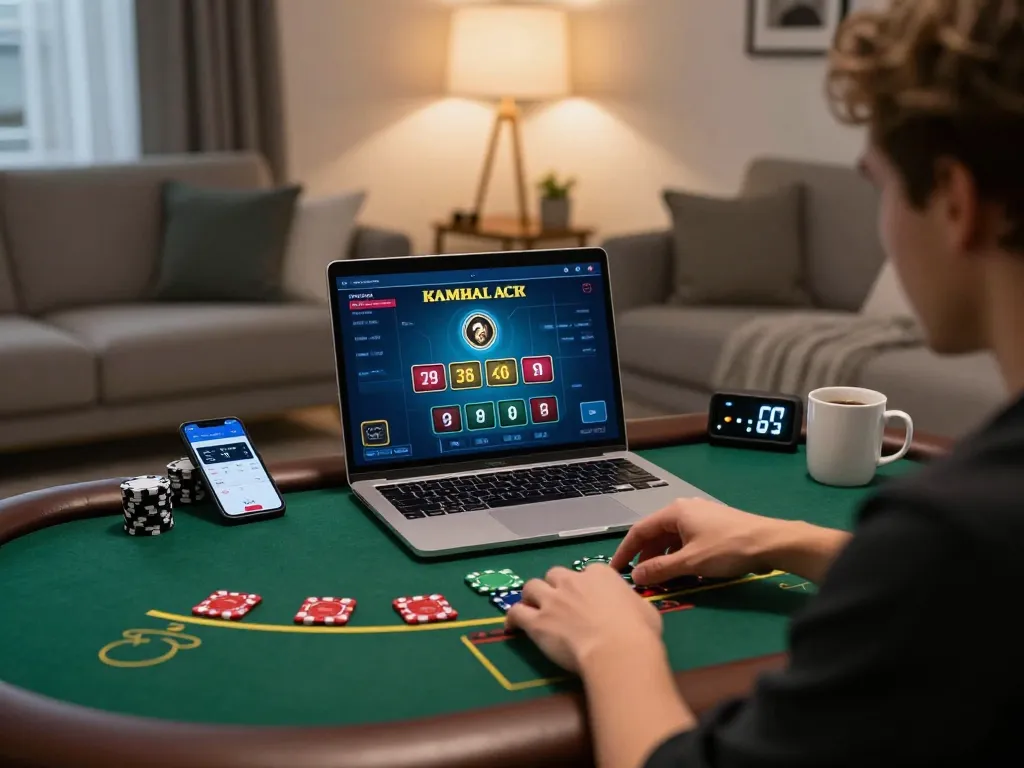 Engaging online blackjack gameplay with rusuntogel on laptop, showcasing responsible betting atmosphere