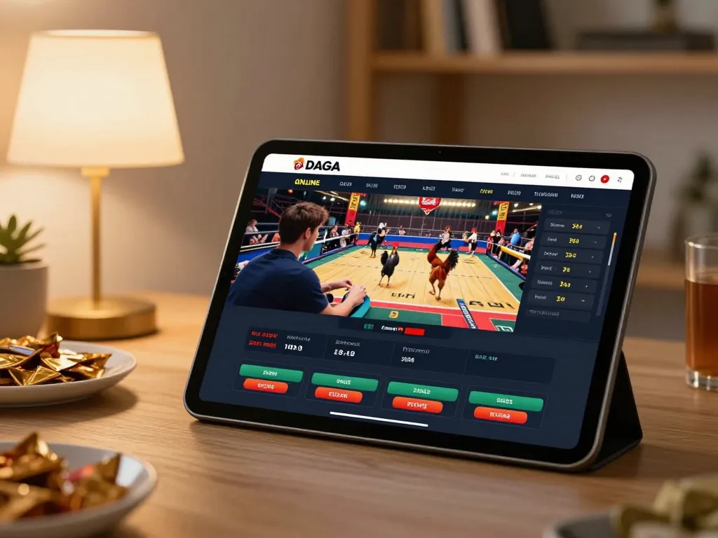 Daga players engaging in live betting on chicken fighting, showcasing an exciting online gambling experience