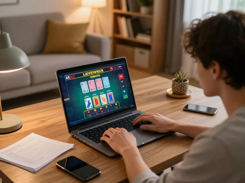 Engaging with live dealer games on 98win com from a cozy home setup, showcasing strategic gameplay.