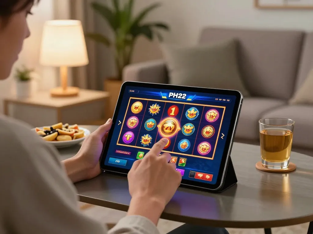 Engaging gameplay on PH22 app, showcasing vibrant slot game action in a cozy home setting.