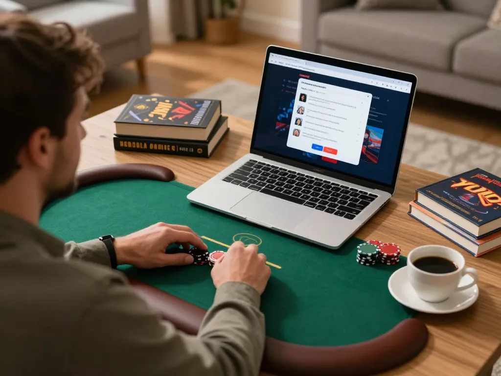 Player enjoying online poker gameplay with hm88 platform. Cozy setup highlighting strategic gaming.
