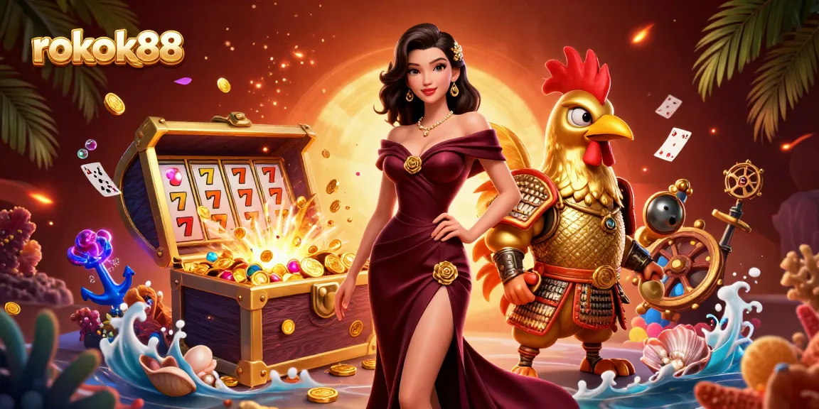 Experience thrilling wins with rokok88 in this vibrant casino-themed 3D illustration featuring dynamic characters.