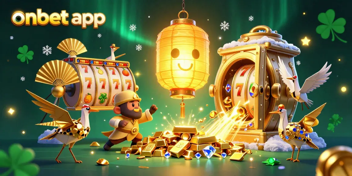 Engage with the onbet app in a vibrant casino setting with glowing treasures and lucky symbols.