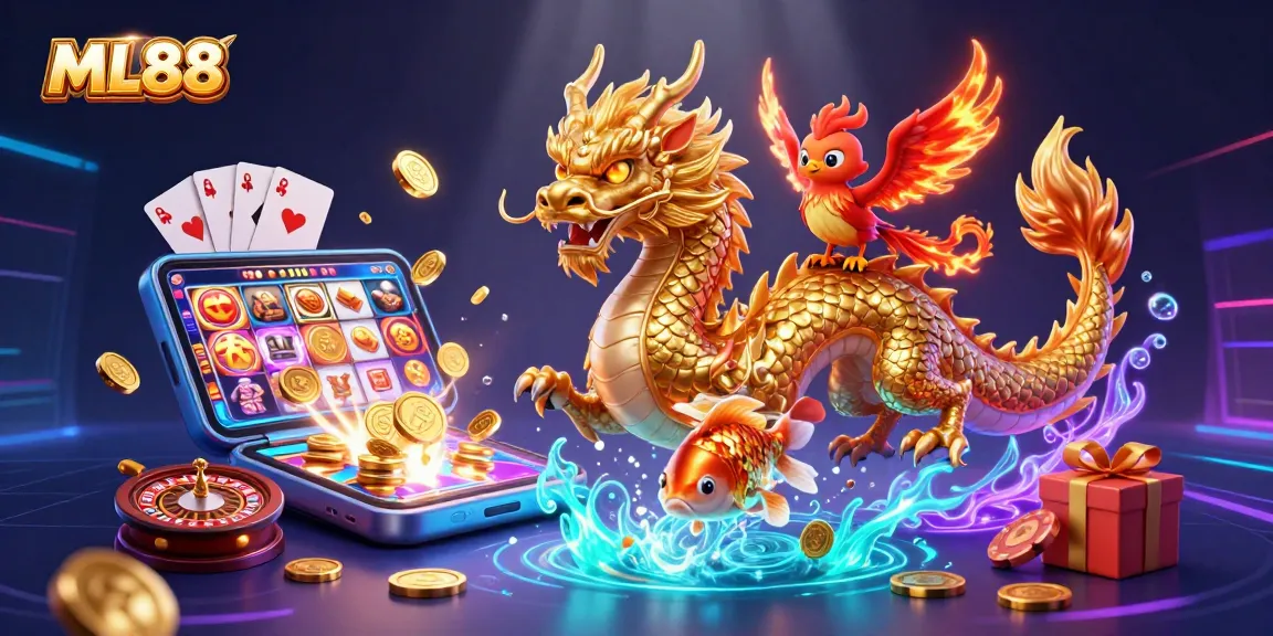 Engage with the ML88 online casino experience, featuring a dynamic scene with a golden dragon, phoenix, and koi fish amidst gaming elements.