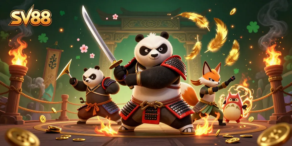 Engaging in thrilling bets at SV88, fierce panda samurai and ninja fox create dynamic casino atmosphere.