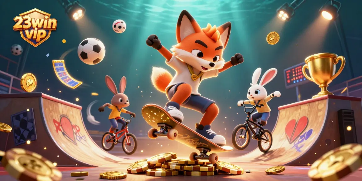 Engage in thrilling gameplay with 23win vip as a fox and rabbit showcase their tricks in a vibrant casino.