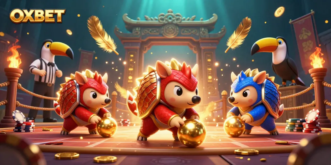 Experience the thrill of OXBET as competing pangolins roll through poker chips in a vibrant casino scene.