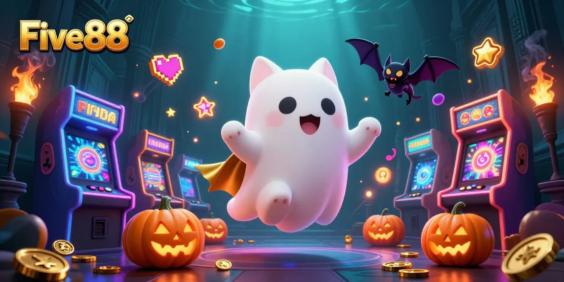 Experience thrilling gaming action with Five88's ghost cat and jack-o-lanterns in a vibrant digital casino.