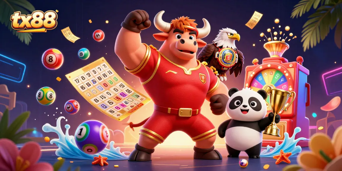 Experience thrilling gaming action at tx88 with colorful lottery balls, a championship eagle, and a victorious bull mascot.