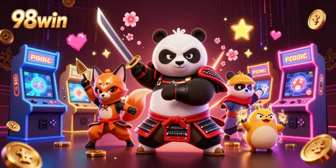 Engage with the 98win universe, featuring a fierce samurai panda and ninja fox amidst colorful gaming elements.