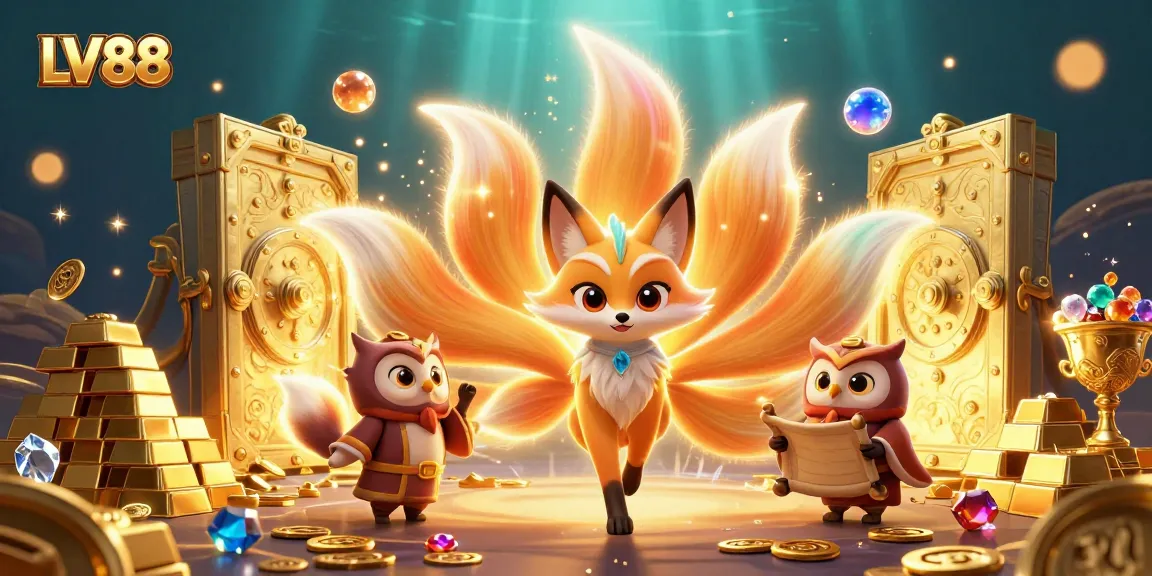 LV88 captures vibrant gaming with a mystical nine-tailed fox and wise owl amid treasures and casino elements.
