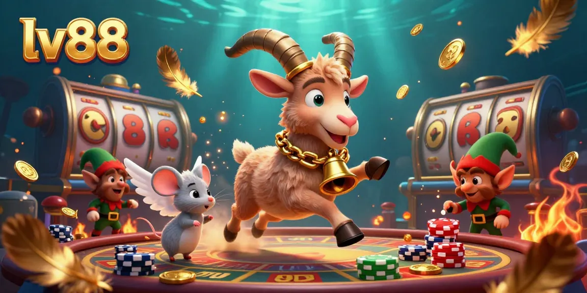 Experience the excitement of lv88 casino with playful characters amidst gold coins and slot reels.